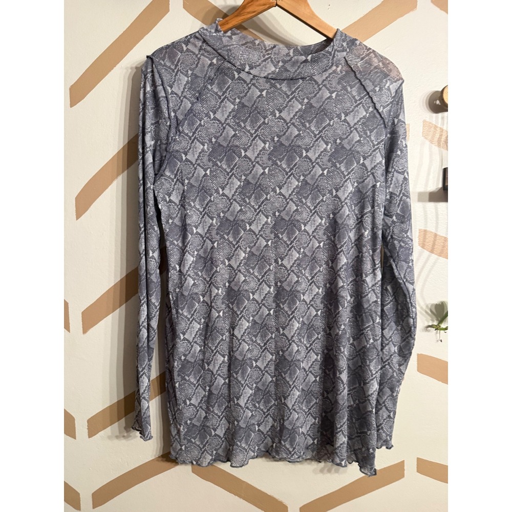 LOGO Layers Top Women Medium Grey Sheer Snakeskin Mesh Mock Neck Long Sleeve